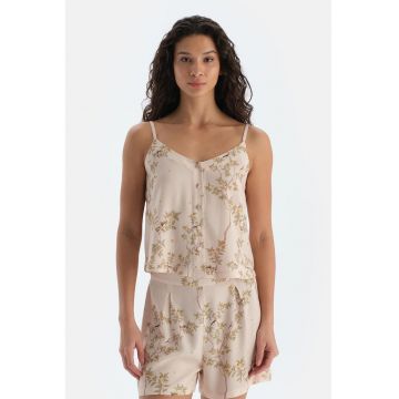 Top de pijama cu model floral si nasturi - Bej deschis/Verde sparanghel