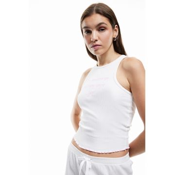 Top de pijama striat cu text brodat - Roz somon/Alb optic