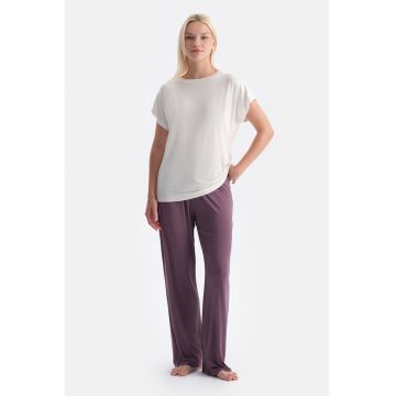 Tricou lejer cu model uni - Alb murdar/Lila pal