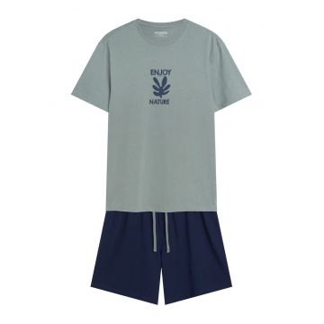 Un set unic de pijamale pentru barbati - format dintr-un tricou si pantaloni scurti cu un imprimeu unic - khaki - albastru Legend