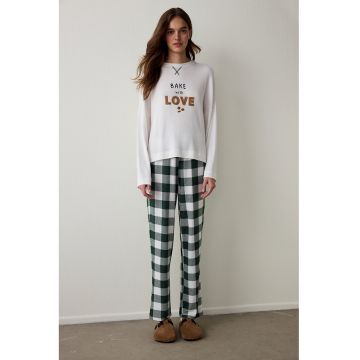 Bluza de pijama cu imprimeu text - Alb/Maro scortisoara/Verde englez