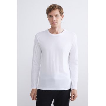 Bluza de pijama din amestec de bumbac cu decolteu la baza gatulu - Alb