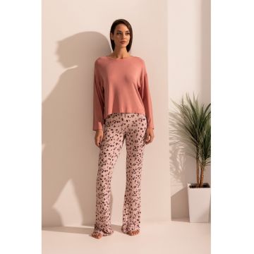 Bluza de pijama din amestec de modal si colanti evazati Aria - Roz somon
