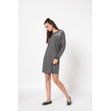 Camasa de noapte cu decolteu rotund si imprimeu grafic - Alb/Gri inchis melange