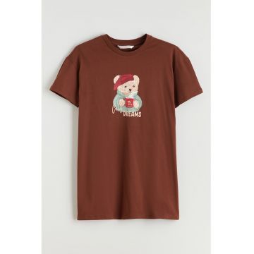 Camasa de noapte cu imprimeu si decolteu la baza gatului - Maro scortisoara