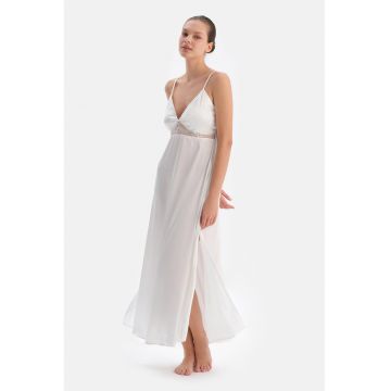 Camasa de noapte de satin cu insertii de dantela - Alb