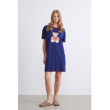 Camasa de noapte din bumbac cu ursulet - Albastru petrol