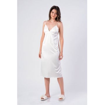 Camasa de noapte din satin cu decolteu in V si model floral - Alb