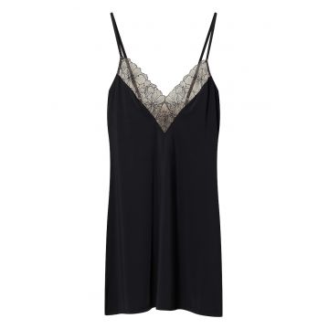 Camasa de noapte -  neagra - poliester - fara maneci - decolteu in V - 2 bretele