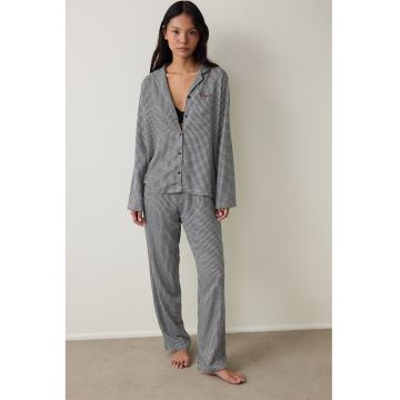 Camasa de pijama cu croiala lejera si model houndstooth - Alb/Negru