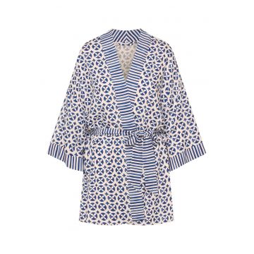 Halat dama de tip kimano Albastru-Alb Rekha  Alb