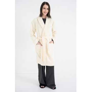 Halat de baie cu model uni si prindere cu cordon - Crem