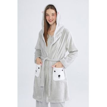 Halat pufos cu gluga si cordon in talie - Gri deschis