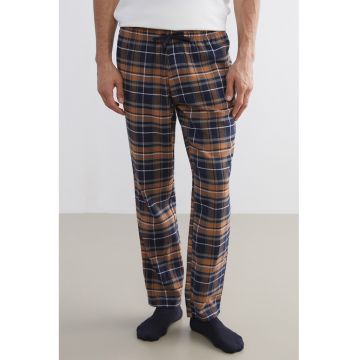 Pantaloni de pijama in carouri cu snur - Alb/Caramel/Bleumarin