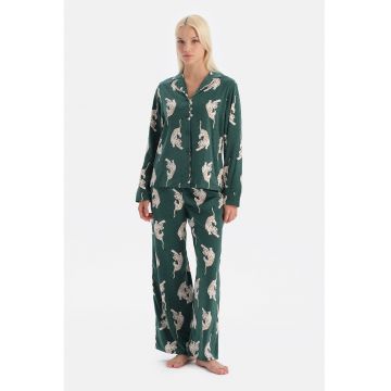 Pantaloni de pijama lejeri cu imprimeu - Verde/Alb fildes