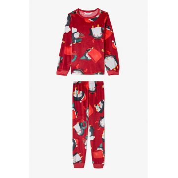 Pijama cu aspect de catifea si model - Alb/Rosu inchis