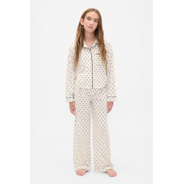 Pijama cu buline si revere decupate - Alb fildes/Negru