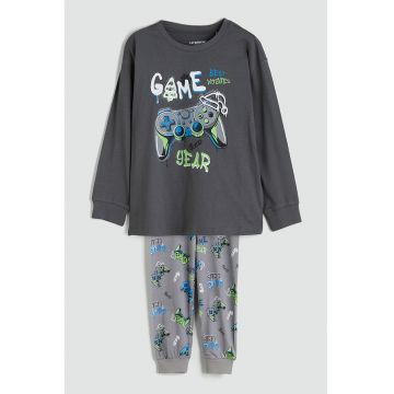 Pijama cu imprimeu grafic si pantaloni lungi - Alb/Albastru/Gri