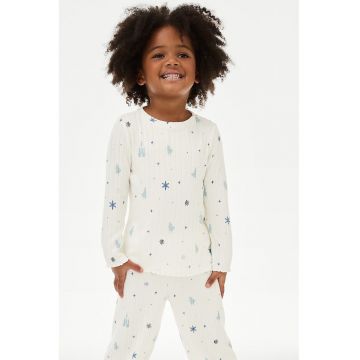 Pijama cu imprimeu si decolteu la baza gatului - Alb fildes/Albastru