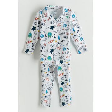 Pijama cu imprimeu si nasturi - Alb/Albastru