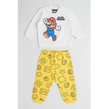 Pijama cu imprimeu si talie elastica Super Mario - Galben sofran/Alb murdar