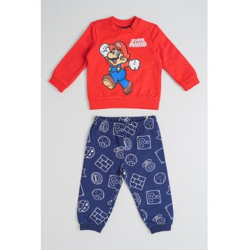 Pijama cu imprimeu si talie elastica Super Mario - Rosu/Albastru inchis/Alb murdar