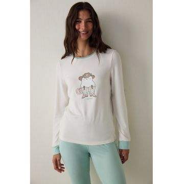 Pijama cu model grafic - Alb/Albastru glaciar/Maro inchis