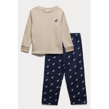 Pijama cu model si pantaloni lungi - Bej deschis/Bleumarin