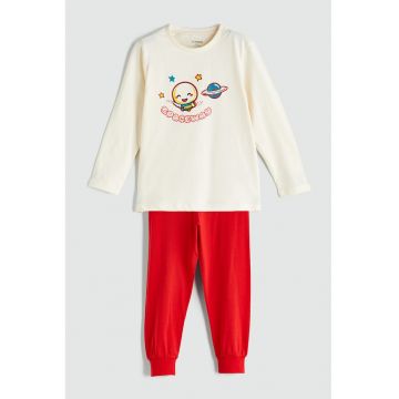Pijama cu pantaloni lungi din bumbac si imprimeu - Rosu/Alb