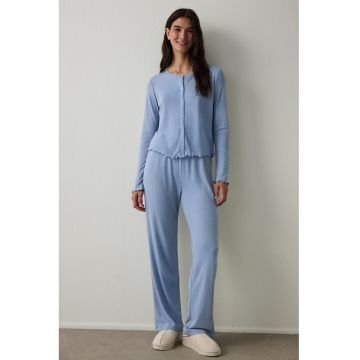 Pijama cu pantaloni lungi - nasturi si model uni - Albastru prafuit