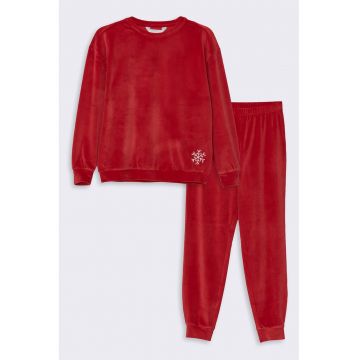 Pijama cu pantaloni lungi si decolteu rotund - Alb/Rosu vermillion