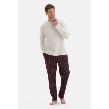 Pijama cu pantaloni lungi si dungi - Alb/Visiniu/Albastru ultramarin