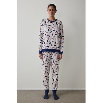 Pijama cu pantaloni lungi si imprimeu - Alb/Bleumarin