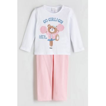 Pijama cu pantaloni lungi si imprimeu - Alb/Roz pastel/Albastru