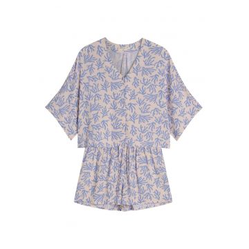 Pijama dama  albastru aprins - imprimeu floral - maneca trei sferturi - scurta - viscoza