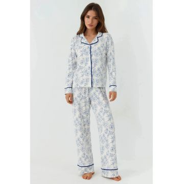 Pijama dama  loungewear cu maneca lunga - imprimeu floral - extra moale - alb albastru - jerseu