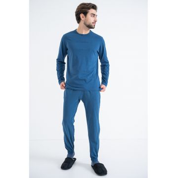 Pijama de bumbac cu decolteu la baza gatului - Albastru petrol