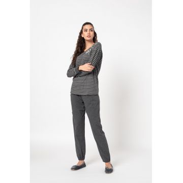 Pijama de bumbac cu imprimeu floral - Gri inchis melange