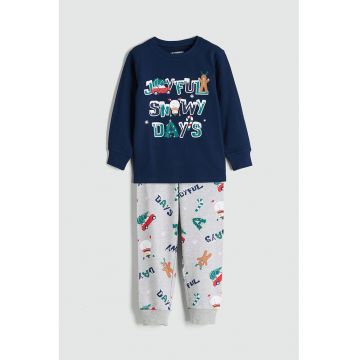 Pijama de bumbac cu imprimeu si tematica de Craciun - Verde/Gri deschis/Bleumarin