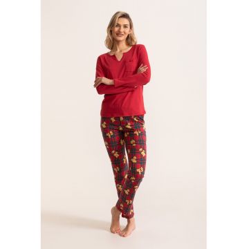 Pijama de bumbac cu pantaloni lungi Elida - Rosu/Portocaliu/Verde englez