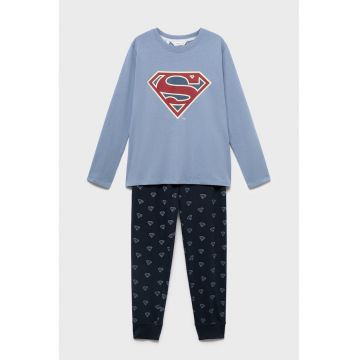 Pijama de bumbac cu pantaloni lungi si imprimeu Superman - Albastru ultramarin/Albastru prafuit