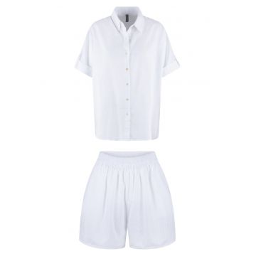 Pijama de bumbac cu pantaloni scurti si model in dungi - Alb murdar