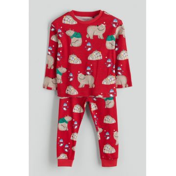 Pijama de bumbac cu tematica de Craciun si maneci lungi - Rosu vermillion