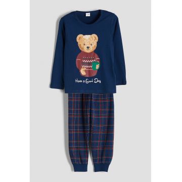 Pijama de bumbac cu ursulet - Albastru inchis