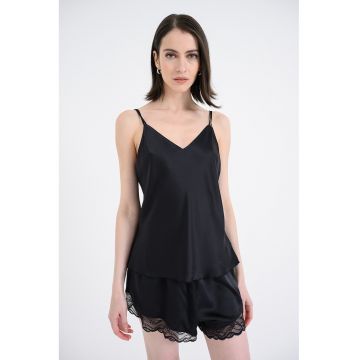 Pijama de satin cu dantela - Negru