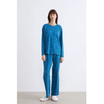 Pijama din amestec de bumbac cu model - Alb/Albastru petrol