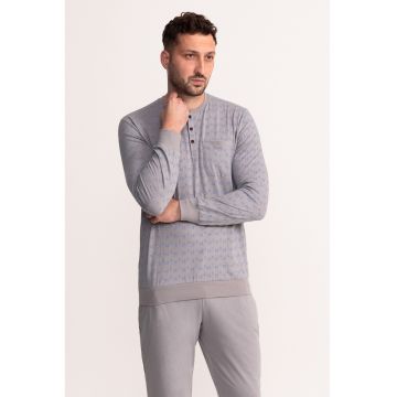 Pijama din bumbac cu cordon in talie Filip - Gri deschis/Albastru prafuit