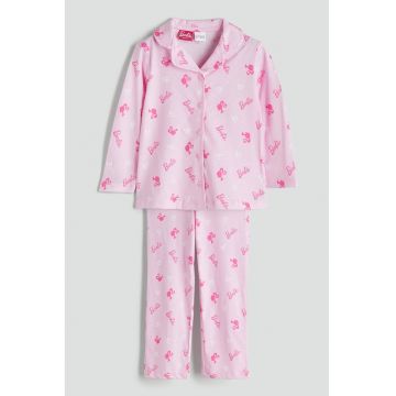 Pijama din bumbac cu imprimeu Barbie - Roz aprins/Roz pastel