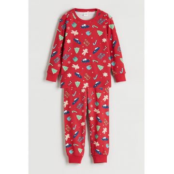 Pijama din bumbac cu imprimeu de Craciun - Rosu