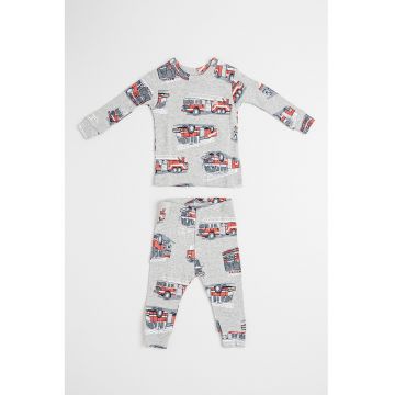 Pijama din bumbac cu maneci lungi si imprimeu - Rosu/Gri deschis